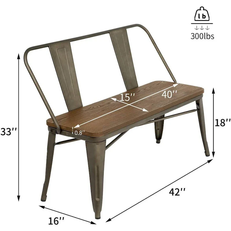 Dining Bench, Entryway Bench with Back, Farmhouse Metal Dining Bench, Industrial Mid-Century 3 Person Bench, Wood Seat