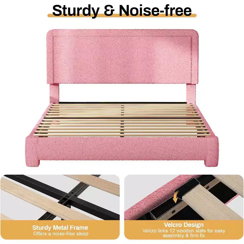 Dyonery Boucle Bed Frame,Black Upholstered Teddy Fabric Bed Frame with Headboard,No Box Spring Required, Adjustable Headboard, Easy Assembly