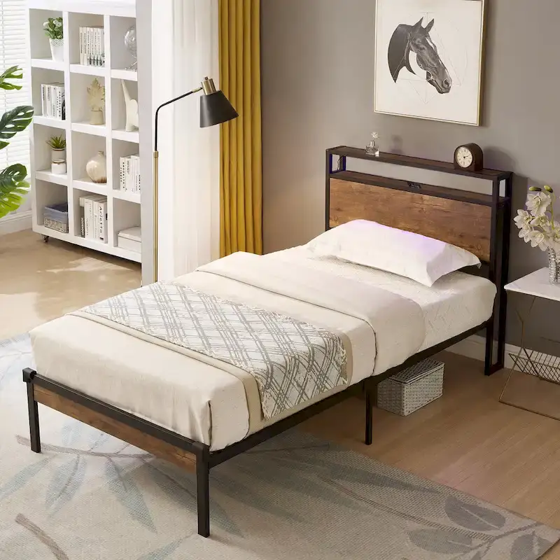 Twin Size Metal Platform Bed with Wooden Headboard and Footboard with USB Liner