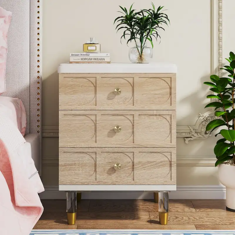 Nightstand Bedside Table with 3 Drawers, Bedroom Tall Night Stands Sofa End Table with Storage for Bedroom, Living Room