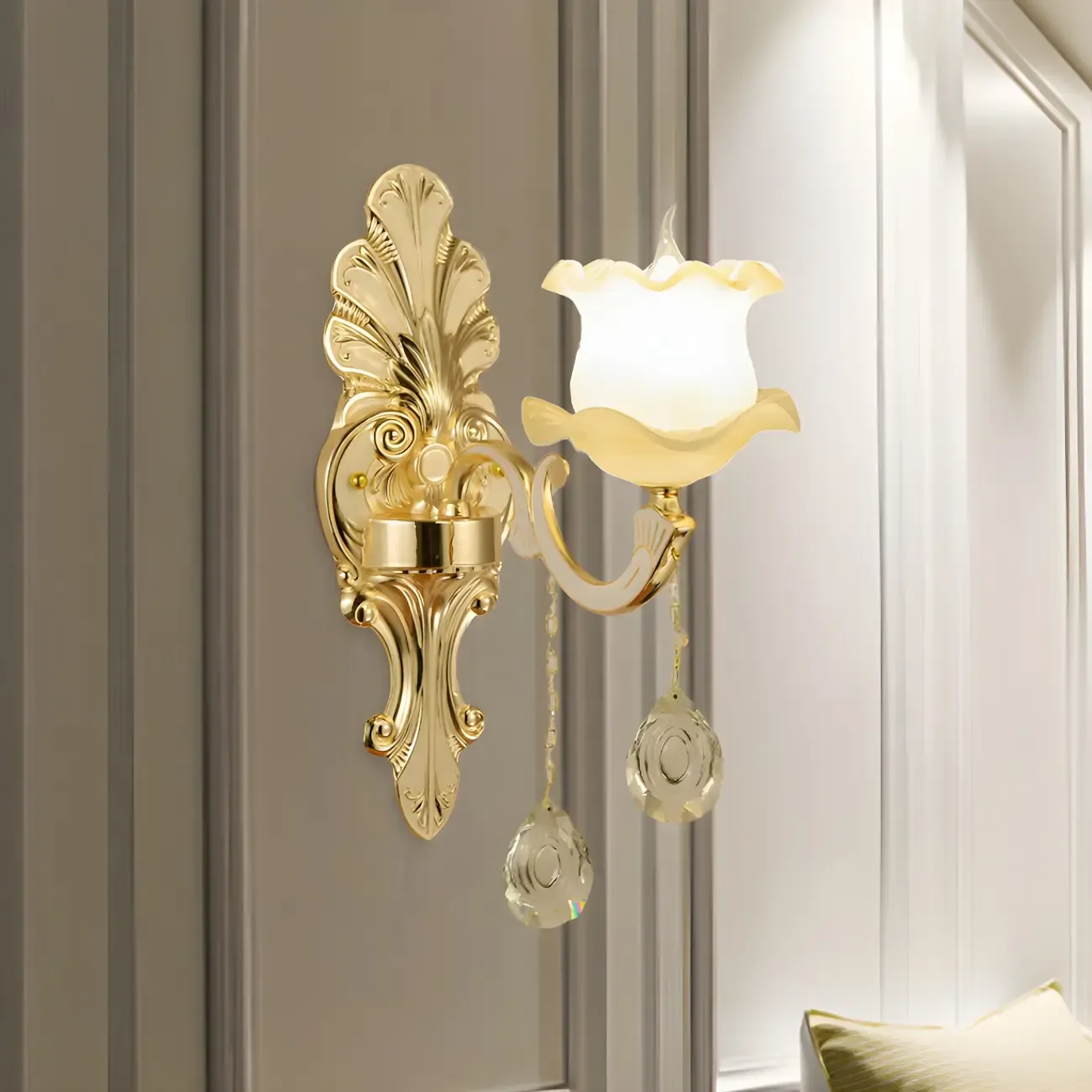 Mid-Century Gold Crystal Ruffled Candelabra Wall Sconce