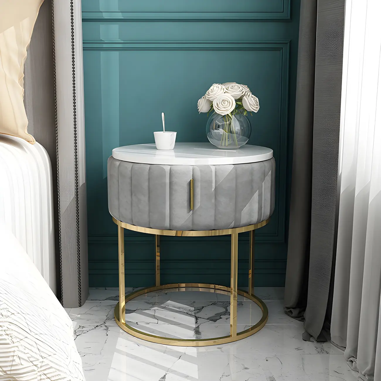 Glam Genuine Marble Nightstand with Drawers & Metal Base