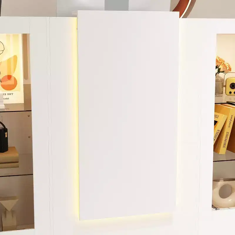 White Reception Desk Counter Table with Glass Display Shelves and LED