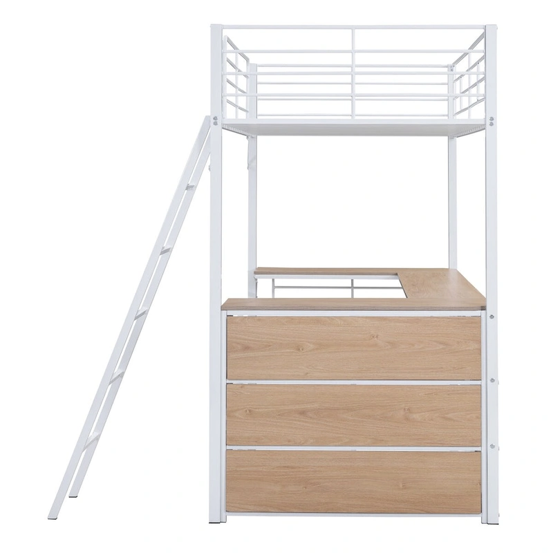 Metal Loft Bed with L-shaped Desk and 3 Layers of Shelves, Reversible Ladder