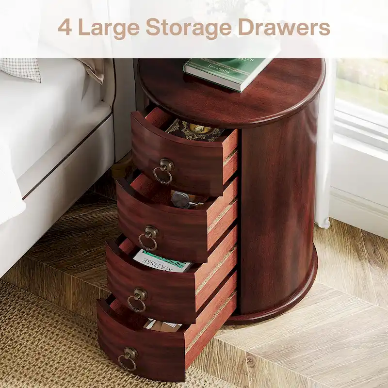 Cherry Brown Nightstand with 4 Drawers - Mid-Century Wood Bedside Table