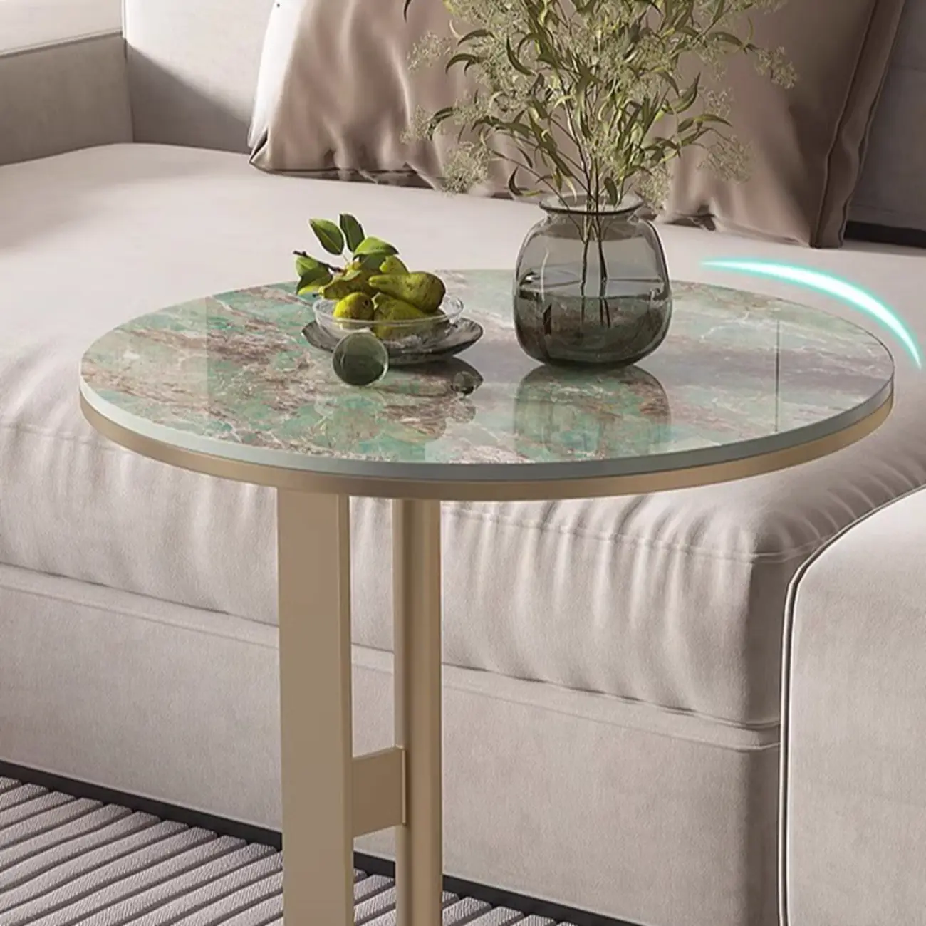 Modern C Shaped Round Sintered Stone Top Steel End Table