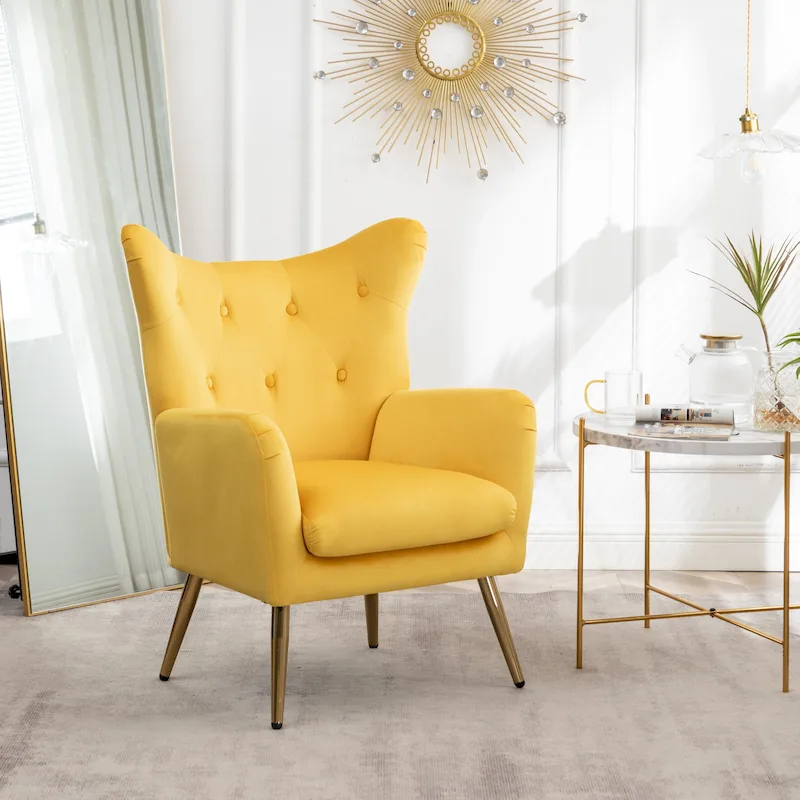 Yellow 30.25 Velvet Button Tufted Accent Chair with Gold Legs