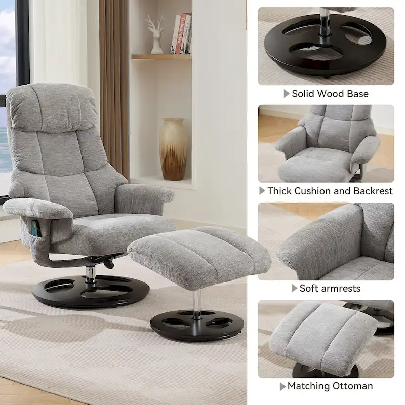 Heated Massage Armchair Chenille Fabric Seating Swivel Recliner Chair with Ottoman, Adjustable Backrest and Remote