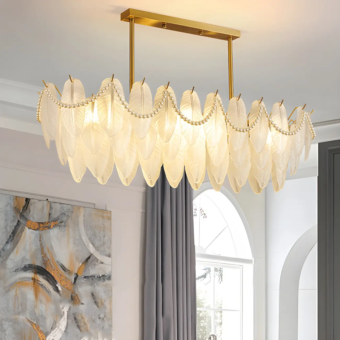 Adjustable Modern Glass Feather Island Chandelier in Gold