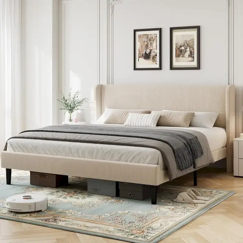 Wooden Bed Frame with Upholstered Headboard
