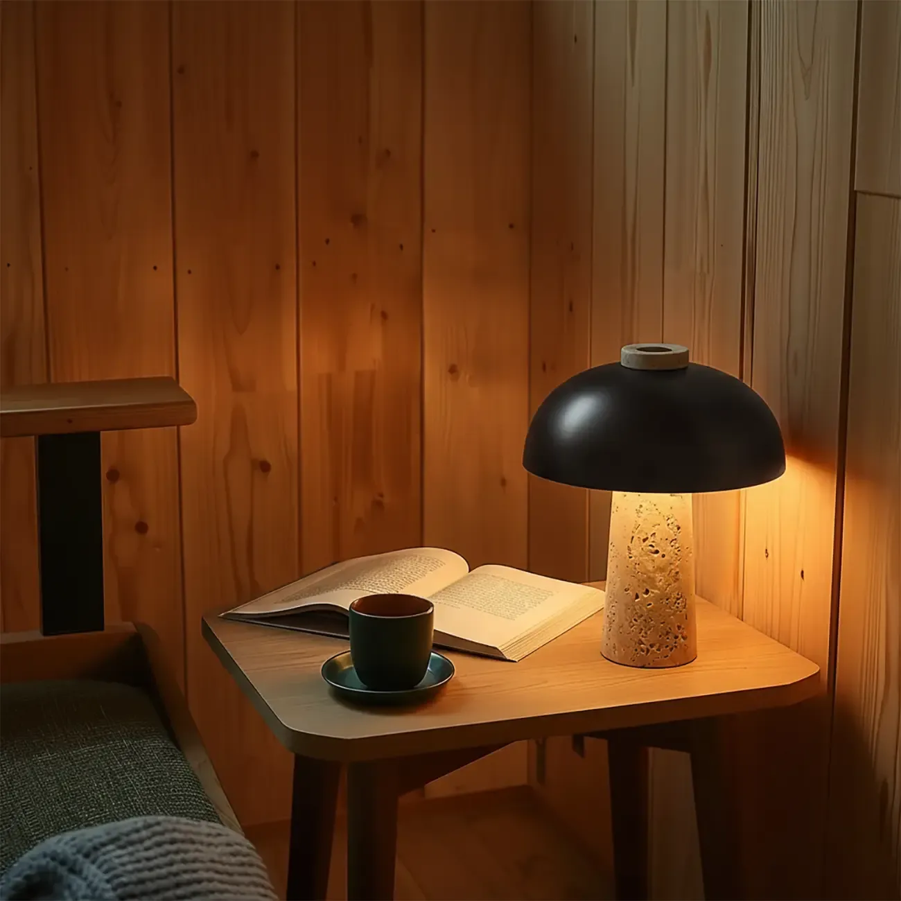 Modern Travertine Stone Table Lamp with Iron Shade