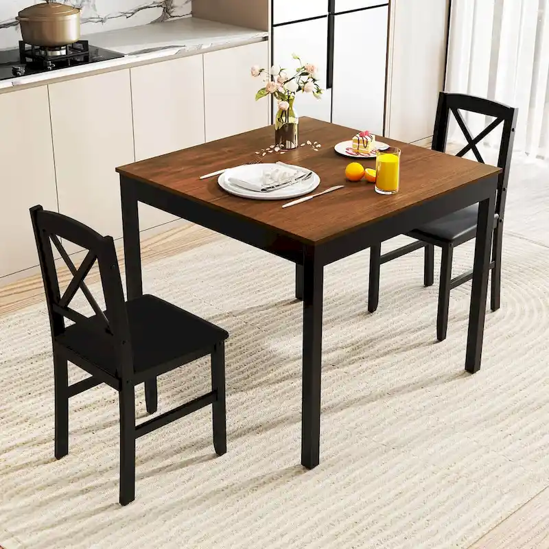 Costway 3 PCS Dining Table Set Wooden Square Kitchen Table with 2