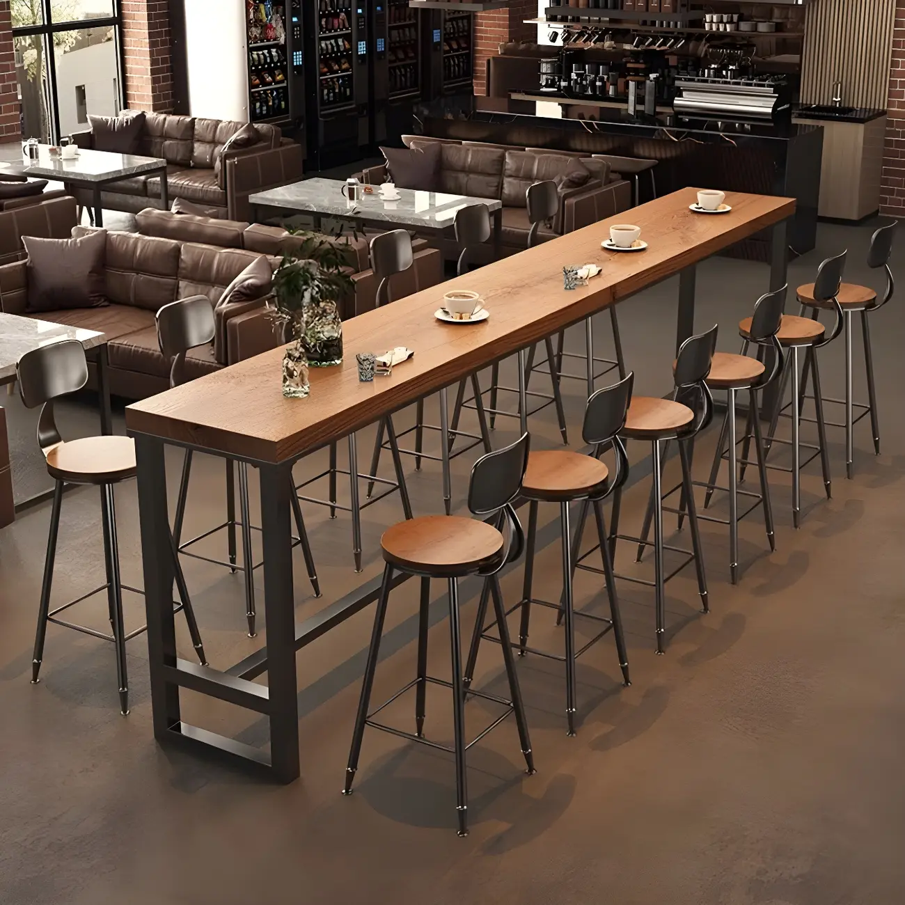 Industrial Brown Pine Wooden Metal Trestle Bar Tables