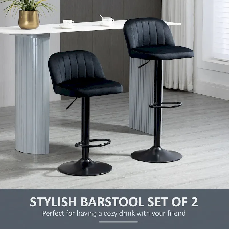 HOMCOM Adjustable Bar Stools Set of 2, Velvet Counter Height Barstool, Upholstered Kitchen Stool with Swivel Seat, Steel Frame