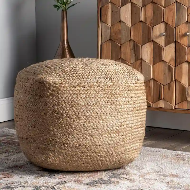 Nuloom Cork Braided Solid Jute Ottoman Pouf