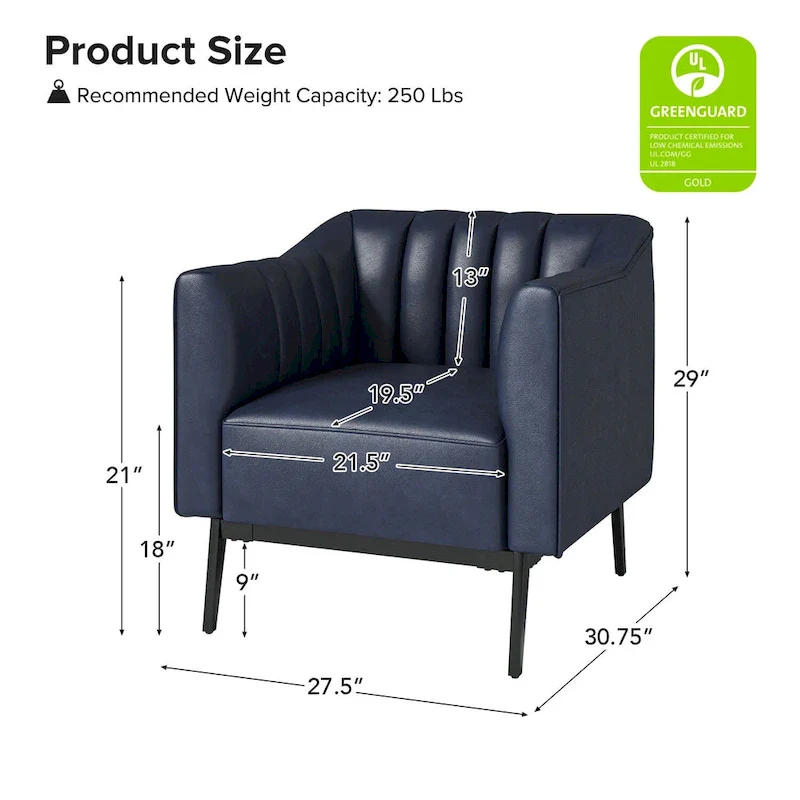 Channel Tufted PU Leather Accent Chair, Navy/Grey/Camel/Brown/Black, Metal Legs, Set of 2