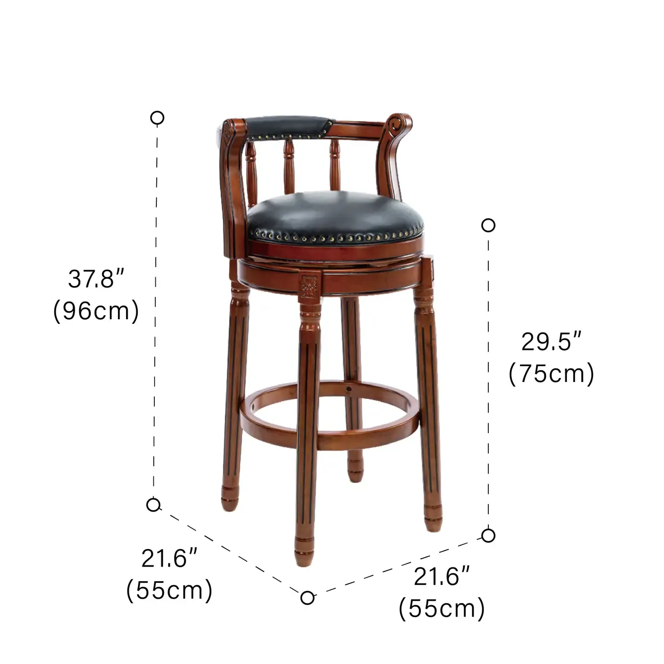 Swivel Counter Height Bar Stools in Genuine Leather & Walnut Solid Wood