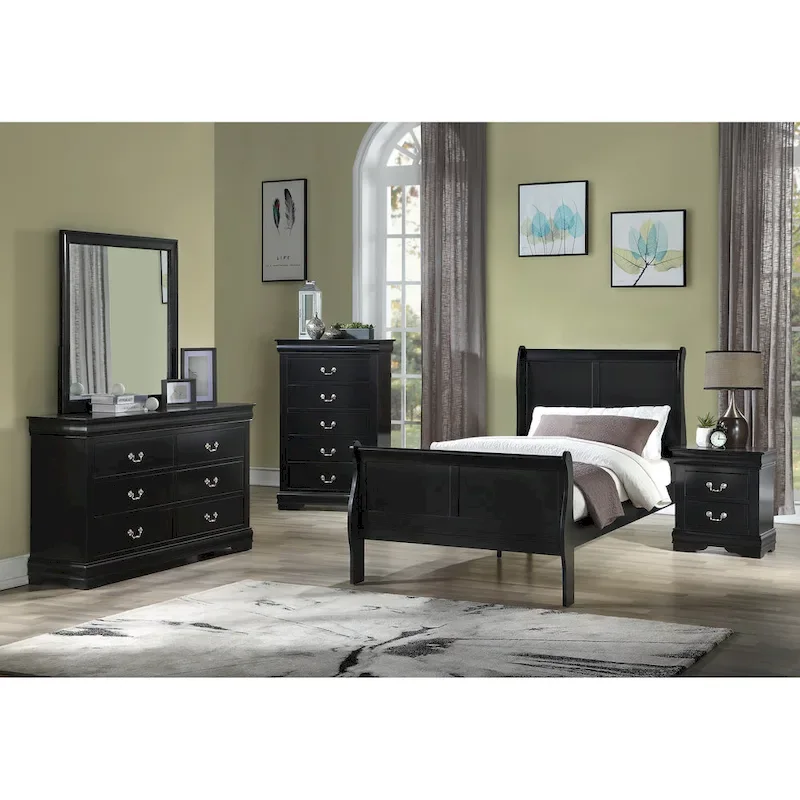 Lillie 6 Piece Black Wooden Sleigh Bedroom Set