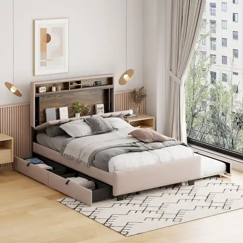 Upholstered Platform Bed with Storage Headboard
