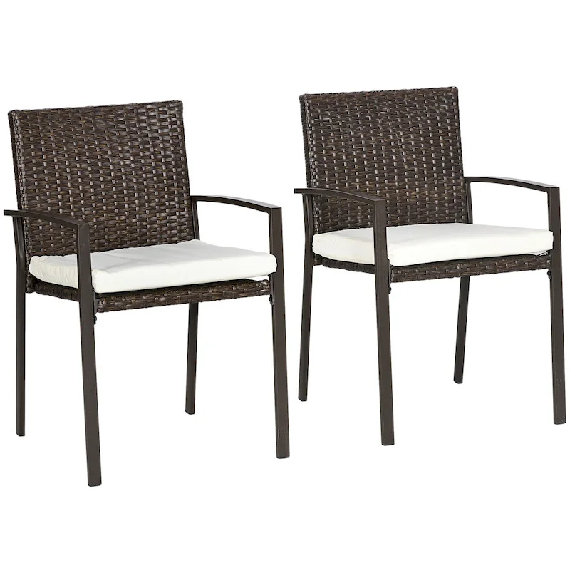 2 Piece PE Rattan Outdoor Dining Chairs with Cushion,Patio Wicker Dining Chair Set with Backrest