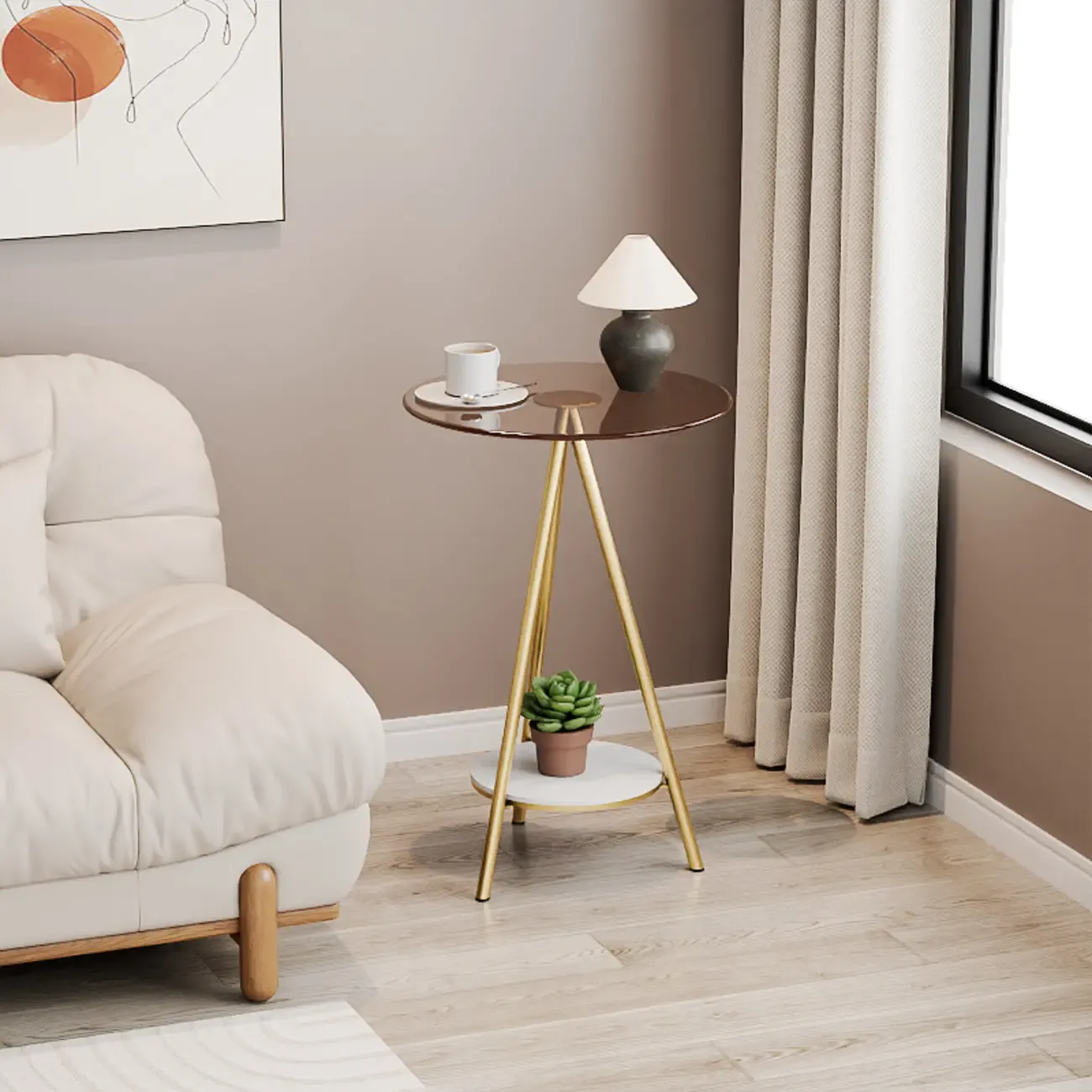 Round Glass Top Gold Metal Side Table with Storage