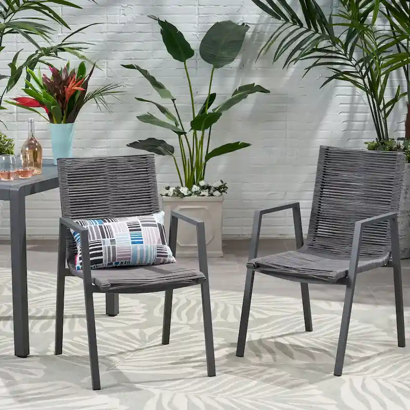 Outdoor Modern Set of 2 Dining Chairs with Rope-Woven Seats Aluminum Frame, Suitable for Dining Room Living Room Balcony Patio
