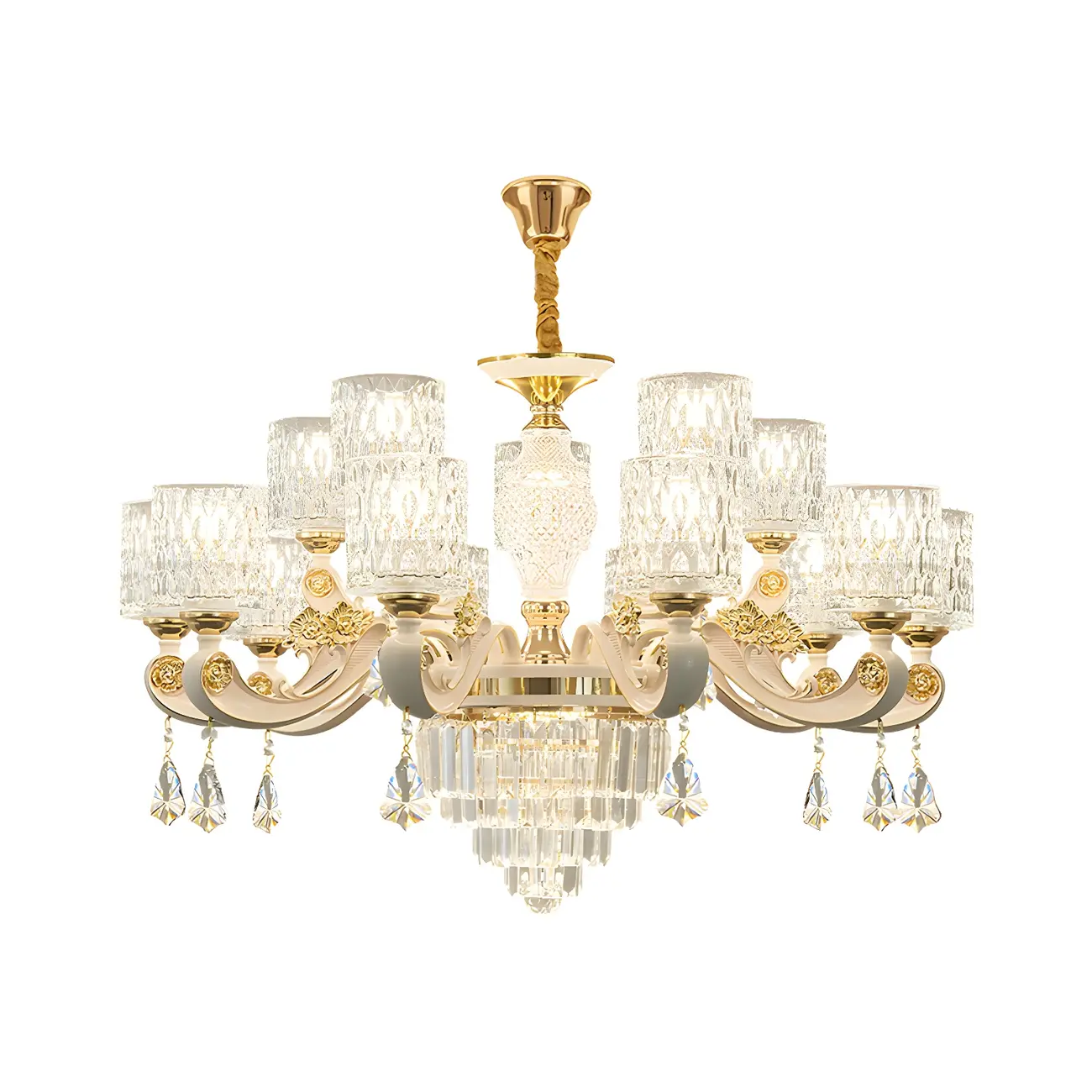 White Gold Cylinder Ripple Glass Chandelier with Crystal