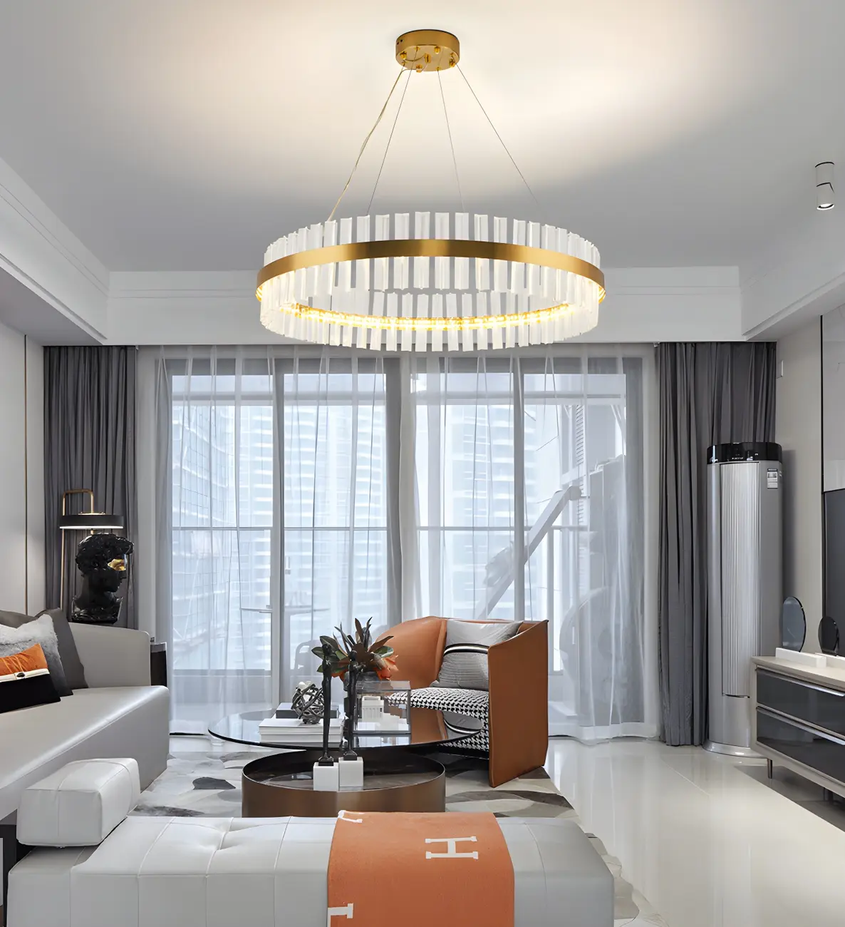 Modern Brass Round Crystal Island Chandelier