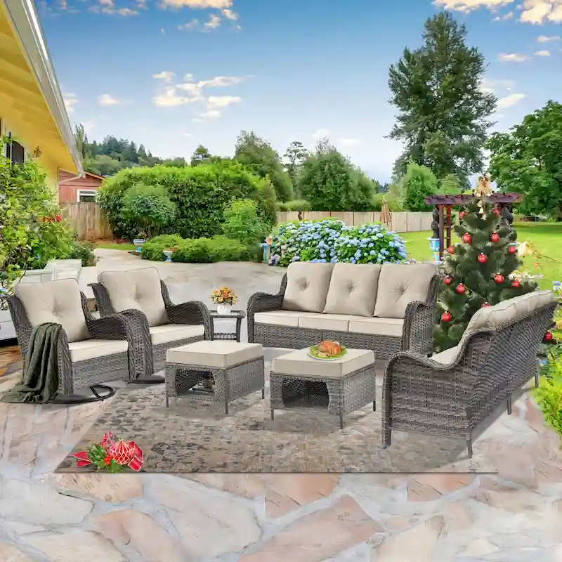 Outdoor Furniture-7 Piece Patio Furniture Set with Swivel Rocker Chair