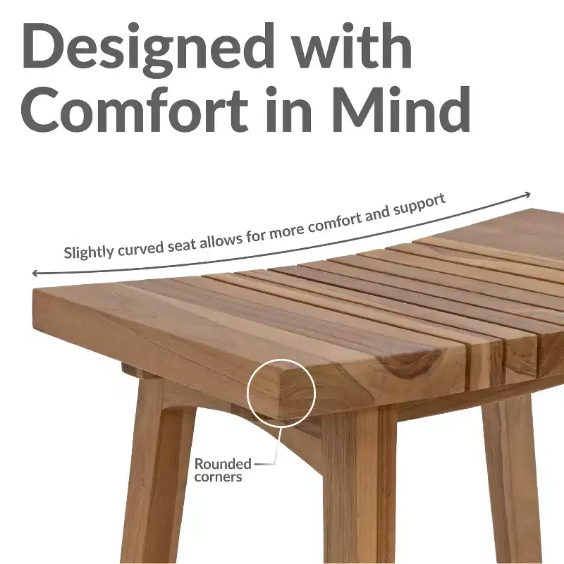 Sunnydaze 19 Solid Teak Wood Shower Bench with Ergonomic Curved Design