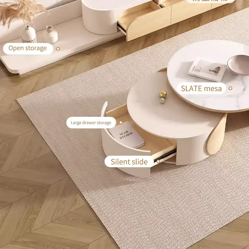 Modern Round Coffee table, Stone Table-top, Natural Wood - 50  x 31.5