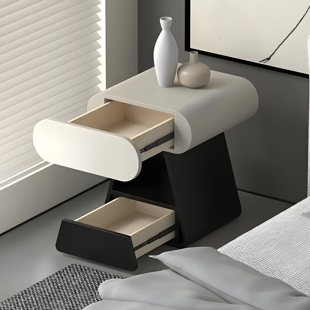 Simple Rectangular Wood Black-White 2 Drawer Nightstand