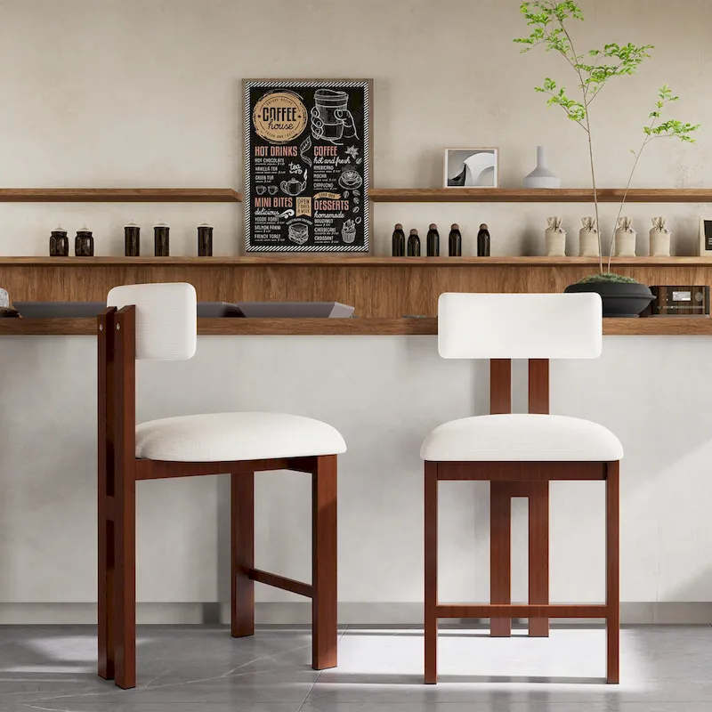 26.5 Round Upholstered Counter Stools, Set of 2 Low Back Bar Chairs with Black Metal Frame