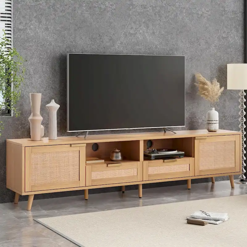 Rattan TV Stand with Cabinets & Open Shelves – Natural, Fits up to 85 in.