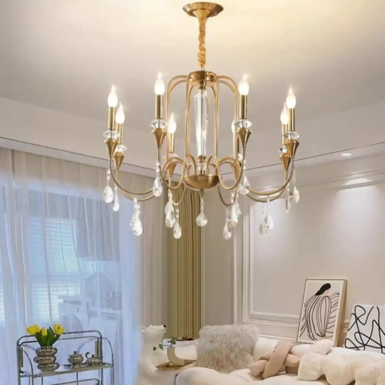 Metallic Alloy Hanging Gold Adjustable Crystal Chandelier