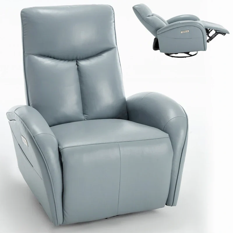 Blue Genuine Leather Power Recliner with Swivel & USB Charging
