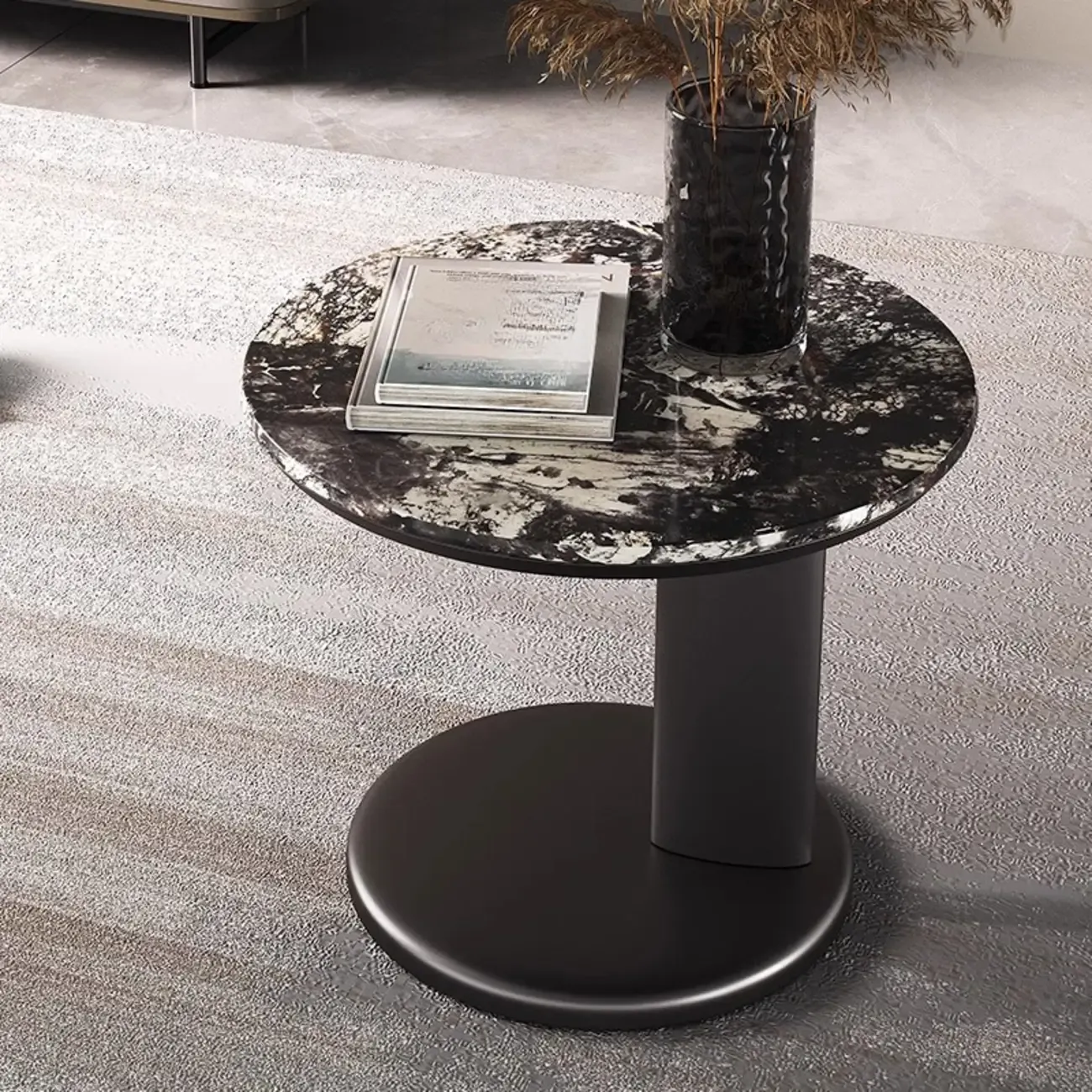 Modern Black Round C-shaped Side Table With Stone Top