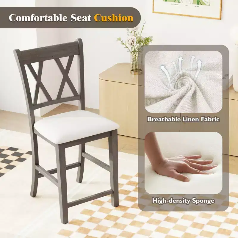 2PCS Bar Stools 24 Counter Height Stools w/ Linen Fabric Upholstered Seat Gray