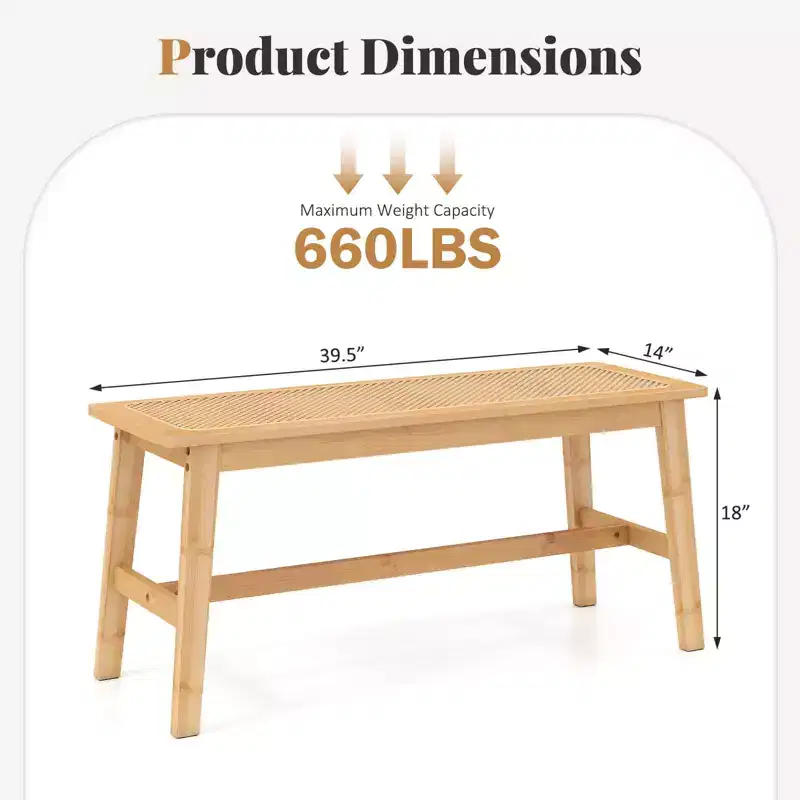Costway 39.5 Bamboo Dining Bench with Handwoven Rattan Seat, Wooden Entryway Bench