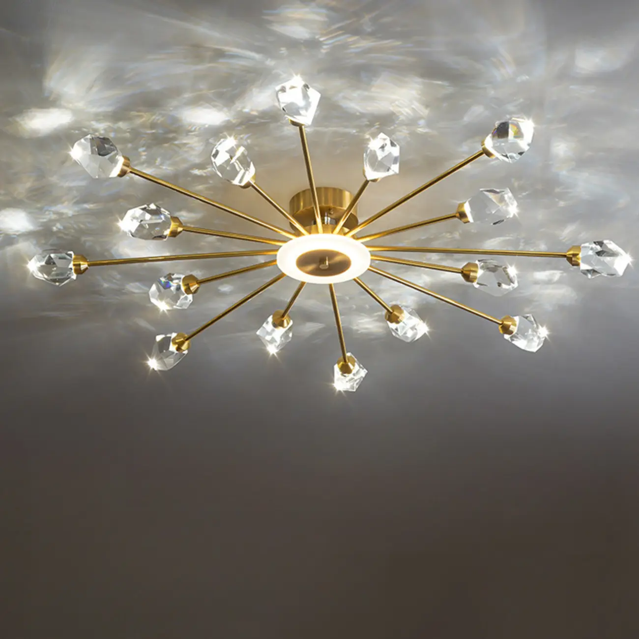 Gold Sputnik Crystal Semi Flush Dimmable LED Ceiling Light