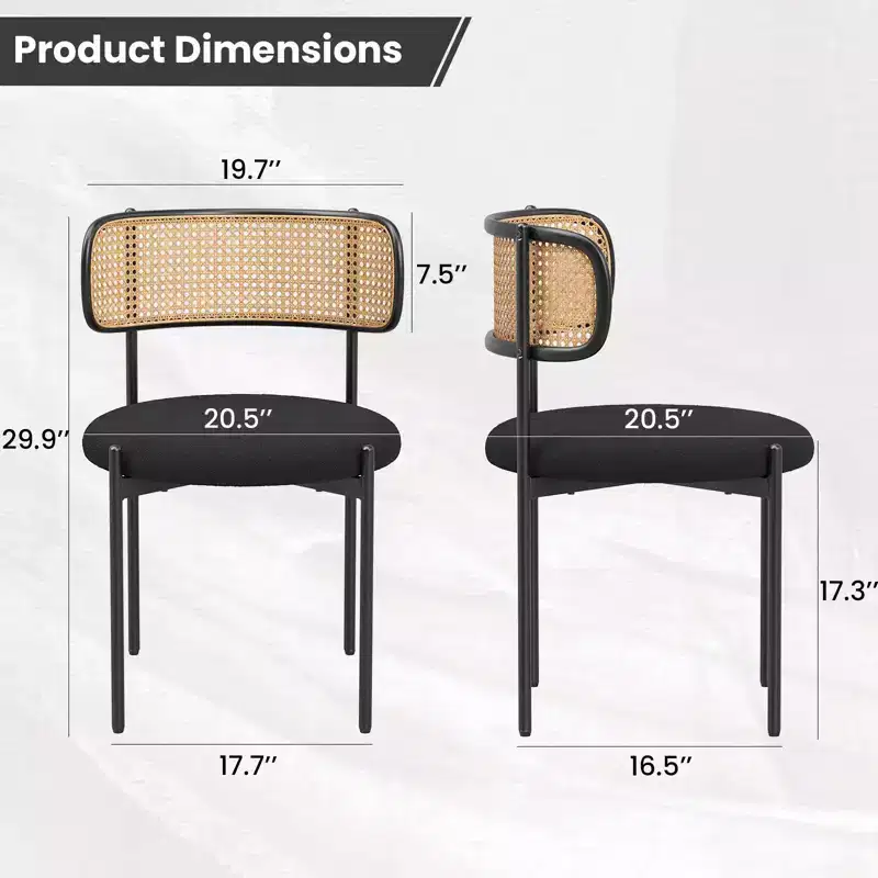 PexFix 2Pcs Modern Upholstered Dining Chairs Rattan Back Dining Room Chairs Accent Kitchen Chairs with Metal Legs Black