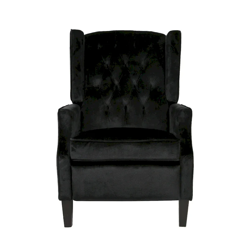 Black Velvet Mid-Century Wingback Push-Back Recliner with Footrest, Button-tufted Back