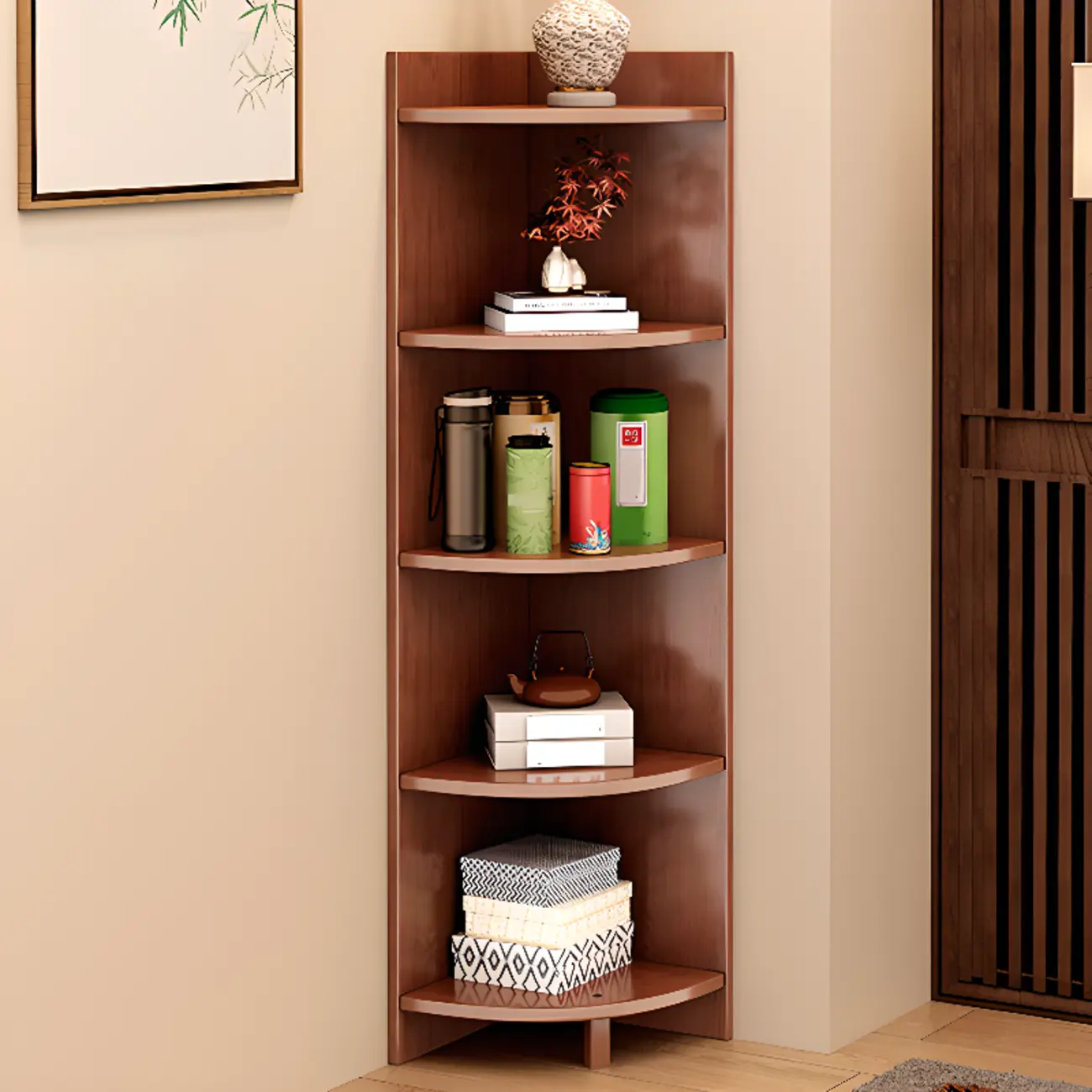 Narrow 5-Tier Natural Wood Corner Bookcase