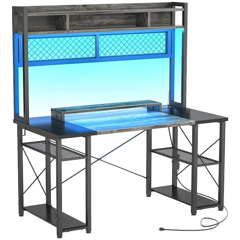 Gaming Deck with Charge Station and LED Light, Computer Table with Hutch and Shelves