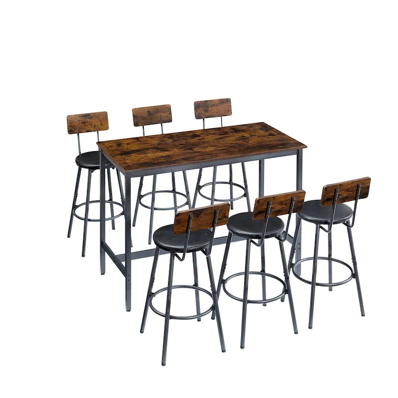 Rustic Style 7-Piece Dining Set with Rectangular Table and PU Leather Bar Chairs