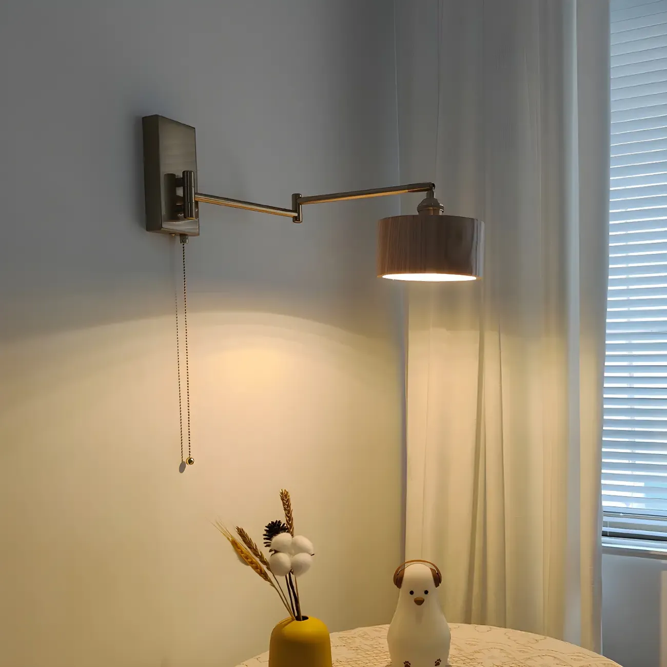 Brown Wood Shade Brass Metal Swing Arm Wall Light