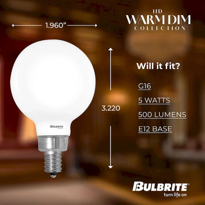 Bulbrite 5 Watt LED G16 Light Bulbs, Warm Dimming 3000K (Soft White) - 1800K (Candlelight), 500 Lumens, (4 Pack) - Pack of 4