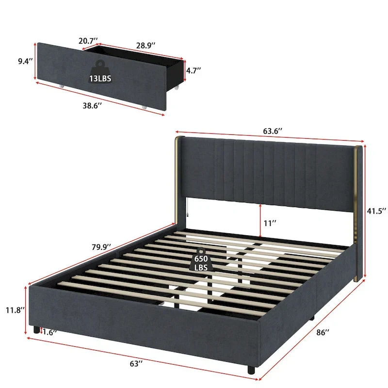Modern Illuminated Bed Frame with Gold Trim - Chic Upholstered Design