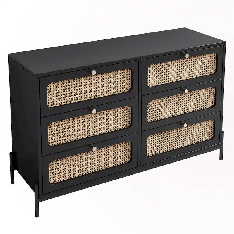 6-Drawer Rattan Wood Nightstand