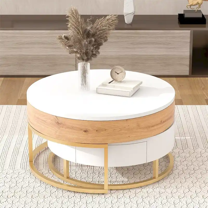 Merax Modern Round Lift-top Nesting Coffee Tables with 2 Drawers